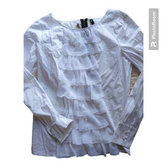 Mac & Jac White Ruffle Front Blouse Women's M Lightweight Professional Sheer - Picture 1 of 8